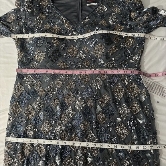 NWT‎ $498 Mac Duggal [ 16 ] Geo Embellished Midi Sheath Dress Charcoal Grey - Picture 3 of 14
